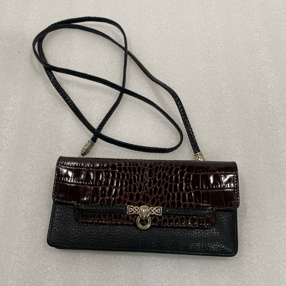 Brighton Elegant Black/Brown Croc-Embossed Wallet Phone Crossbody Strap Bag EUC